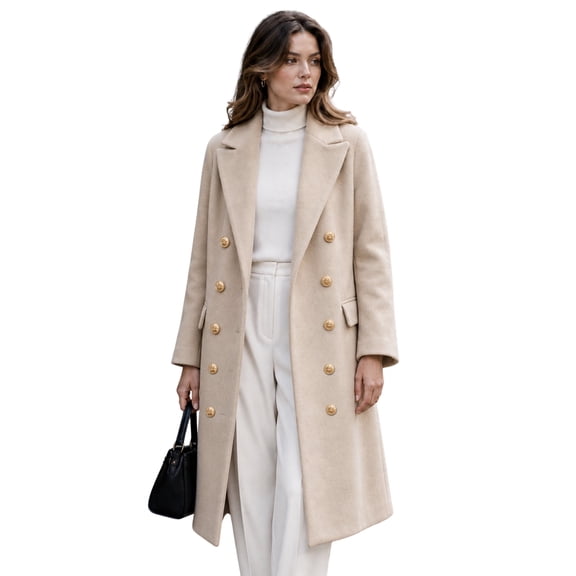 Women's Mid Long Pea Coat Double Breasted Winter Outerwear Warm Overcoat