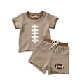 thumbnail image 2 of CUZIBR Toddler Baby Boys Summer Outfits Short Sleeve Cute Striped Rugby Football Embroidery Crewneck T Shirt Pullover Tops Elastic Waist Shorts Ribbed Beach 2 Piece Sets,Brown,12-18 Months, 2 of 7