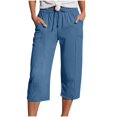 thumbnail image 3 of Plus Size Women's Cotton Linen Drawstring Elastic Waist Capri Shorts, Solid Pocket Lightweight Loose Trousers, Cool Summer Casual Bottoms for Home Vacation Outdoor | TruHer,Blue 5XL, 3 of 8
