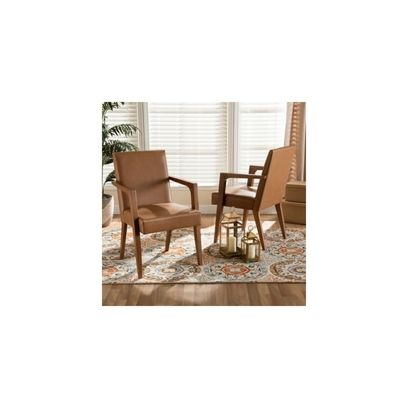 HomeStock Rustic Revival Mid-Century Modern Tan Faux Leather Upholstered and Walnut Brown Finished Wood 2-Piece Armchair Set, Versatile Seating and Conversation Set