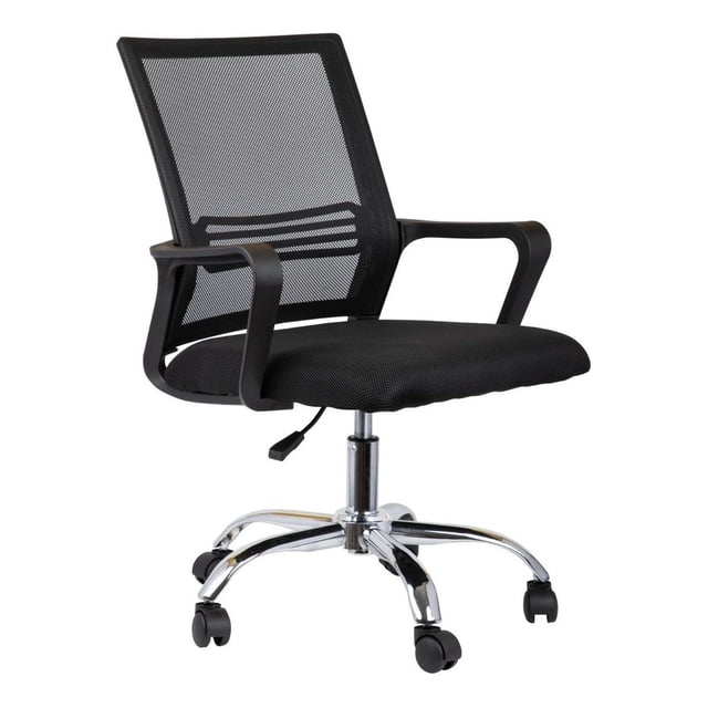 silla ejecutiva tapizado malla mesch base cromada de oficina Amarillo KingsHouse by Kingsman, vista frontal 3/4 de silla ergonómica con respaldo alto en malla de franjas horizontales, asiento tapizado giratorio 360°, apoyabrazos fijos curvos, pistón y base cromada en estrella con ruedas; medidas 55x56x94 cm, respaldo 44x54 cm, incluye silla desarmada. Su tamaño compacto la hace adecuada también para escritorios domésticos y estudios.