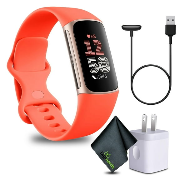 Fitbit Charge 6 Fitness Tracker Smartwatch with Heart Rate, GPS, Health Tools - Gold Case w/ Coral Bundle with Cleaning Cloth and Charger
