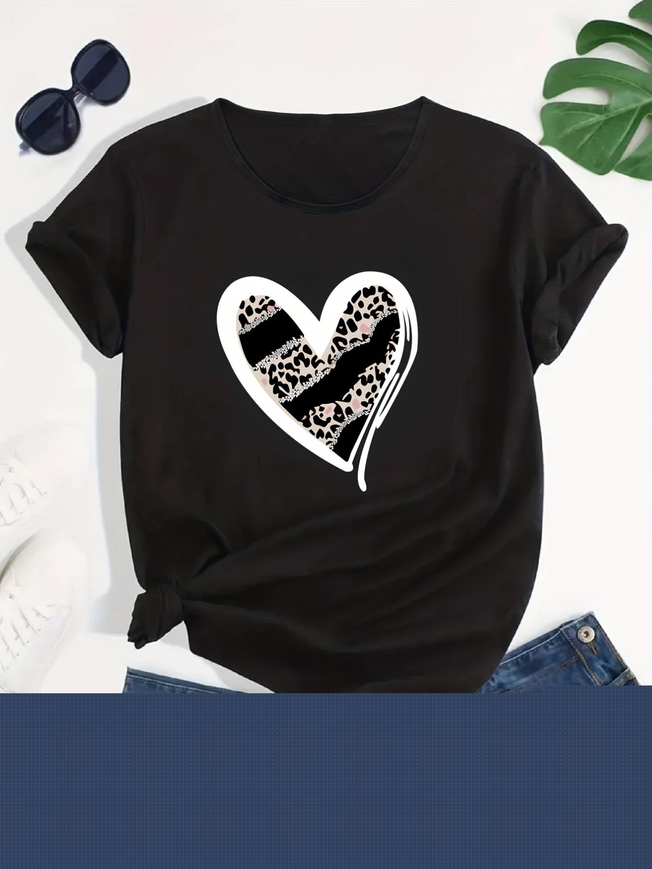 thumbnail image 2 of Casual Sports Loose Heart Graphic T-shirt, Leopard Print Round Neck Letter Printed Summer Sports Workout Top, Women's Tops Tee For Adult, Men, Women, Teen, Teenager, Adolescent, Youth, 2 of 6