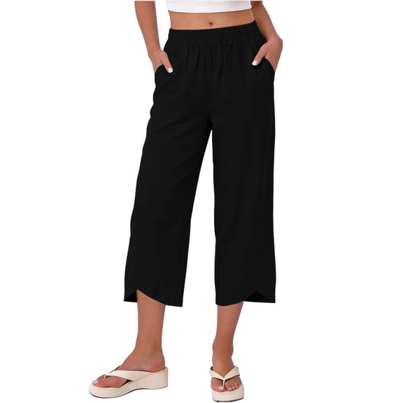 Yuanlook Women's Pull-On Culotte Pants,Linen Cotton Casual Wide Leg Trousers with Elastic Waistband & Slit Hem, S-XXL