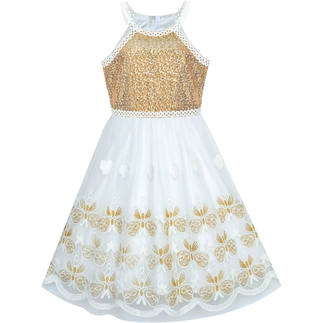 Girls Dress Gold Butterfly Embroidered Halter Dress Party 12 Years