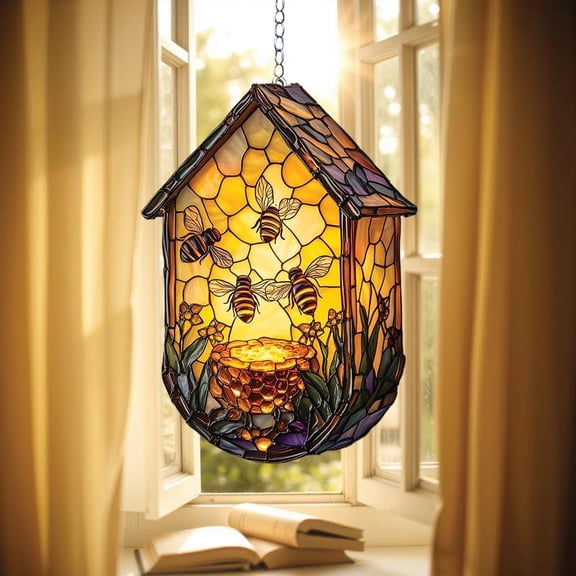 Bee Hive and Bees Acrylic Suncatcher fullxfull Nature-Inspired Window Hanging with Honeycomb and Floral Design
