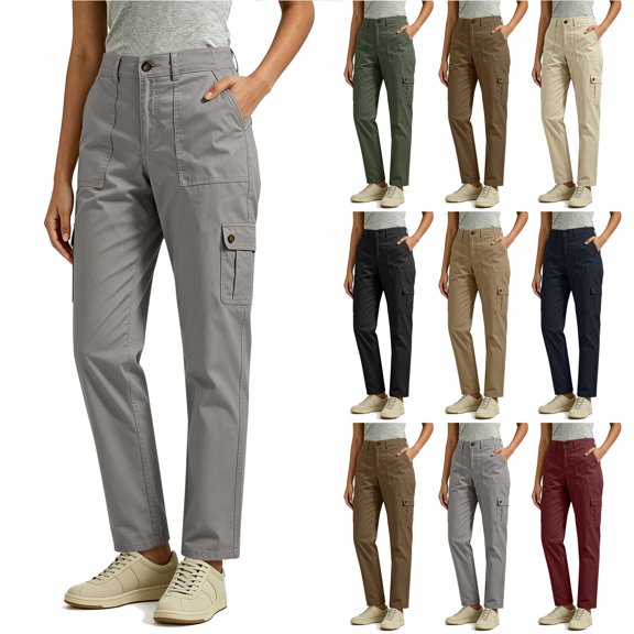 Bloomae Cargo Pants for Women Elastic High Waisted Baggy Casual Button Work Office Pants Trendy Cozy Travel Hiking Utility Straight Leg Trousers with Multi-Pockets
