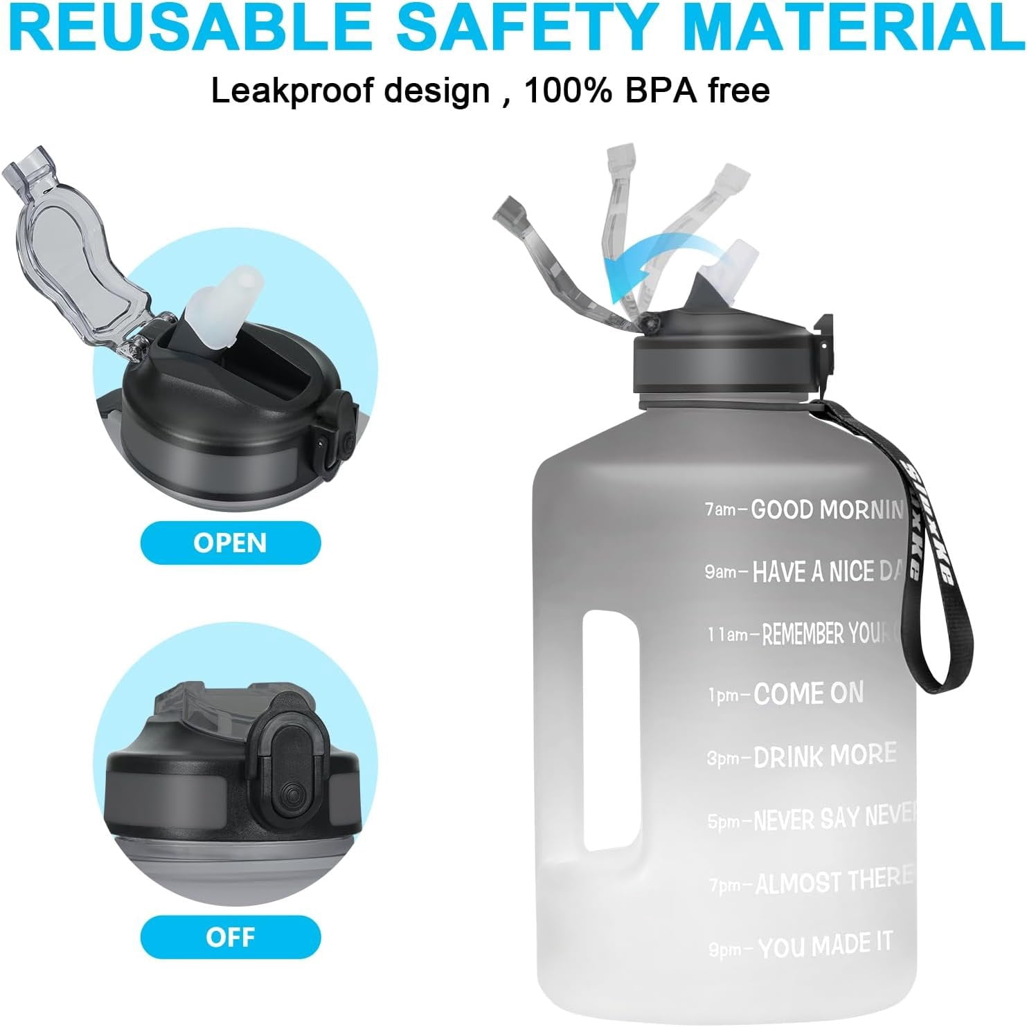1 Gallon Motivational  Water Bottle with Time Marker,  128oz Leak Proof Jug, Black, Plastic, 128 ounces, Fitness, , Outdoor Activities