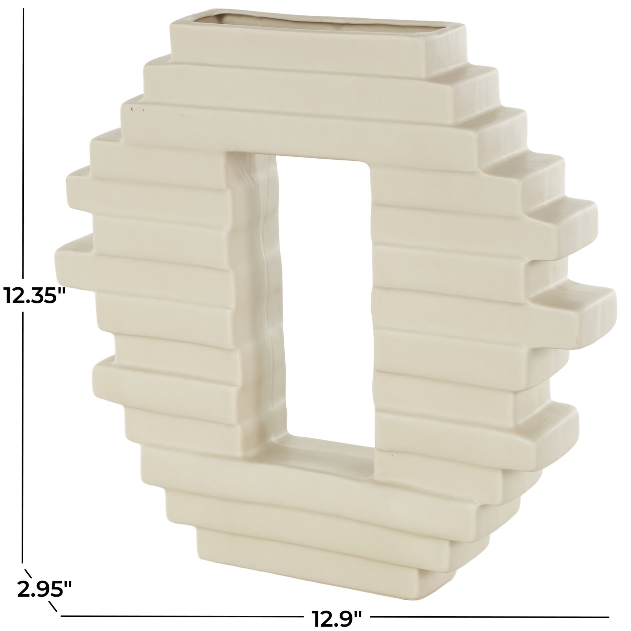 DecMode 12" Abstract Cream Ceramic Vase with Rectangular Center Cutout