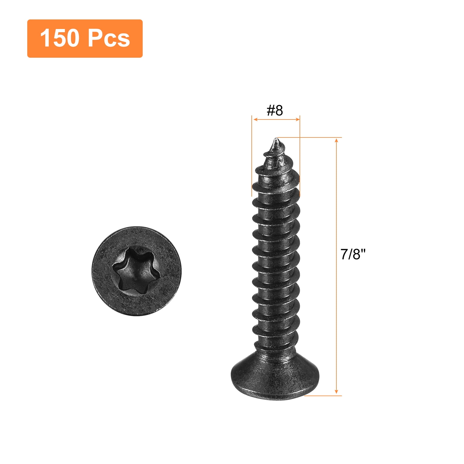 #8 x 7/8-inch Flat Head Torx/Star Wood Screws, 150 Pcs 304 Stainless Steel, Full Threaded, Black Coated, Fit T20 Bit