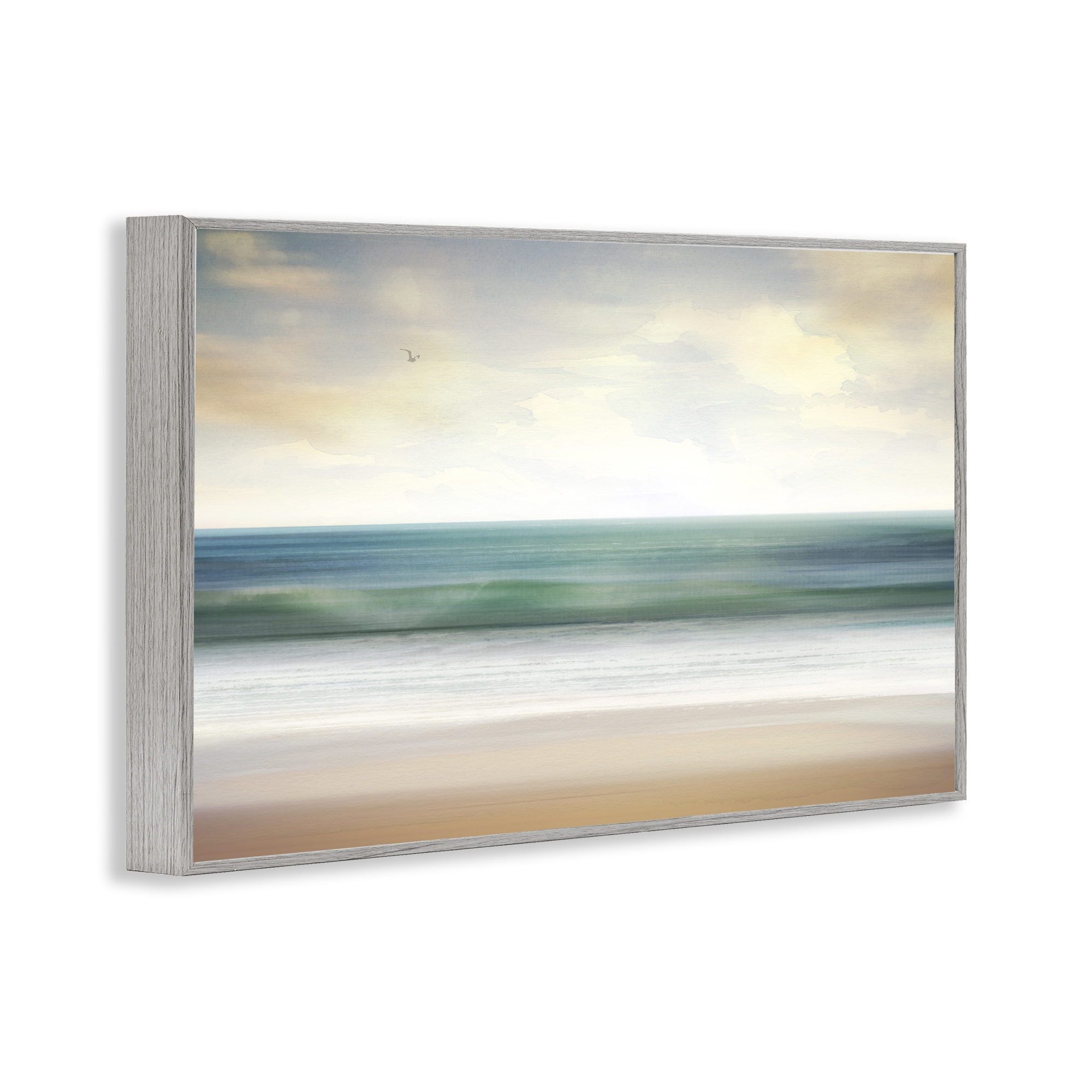Stupell Industries Lone Seagull Over Beach Landscape Painting Gray Framed Art Print Wall Art, 18 x 12