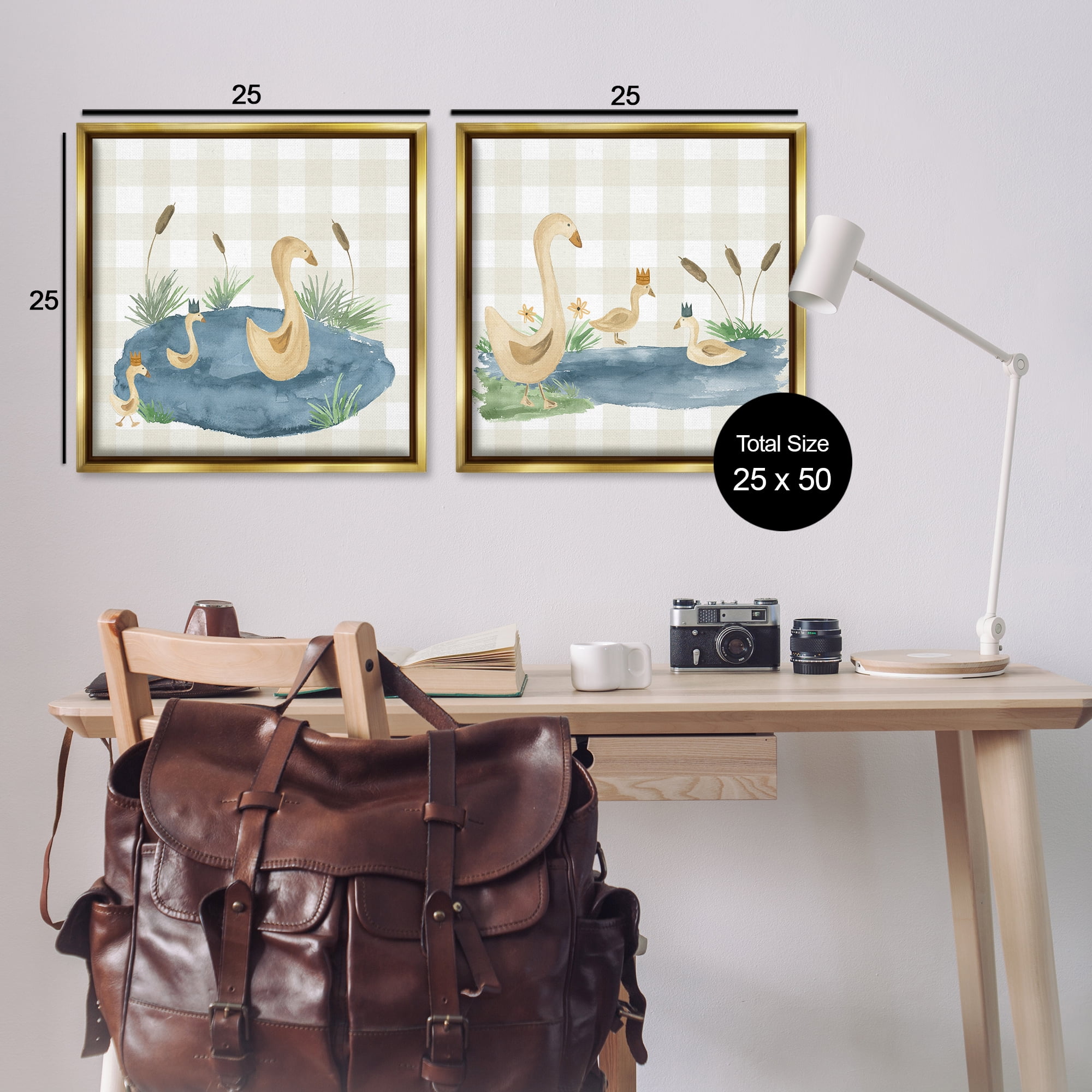 Stupell Industries Swan Family in Pond Landscape & Nature Painting Gold Floater Framed Canvas Art Print Wall Art, 25 x 25, Set of 2