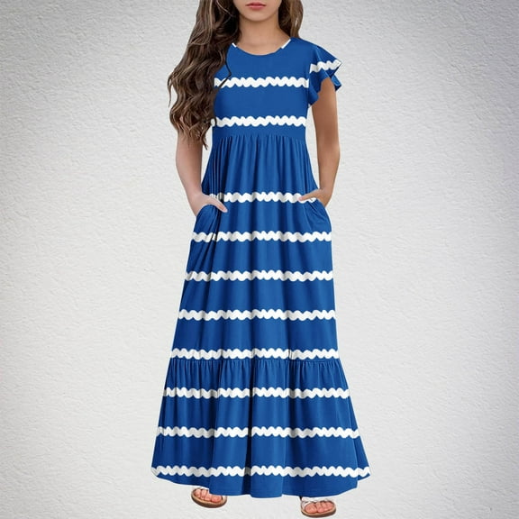 Dresses for Girls Size 6-12 Ruffle Short Sleeve Crewneck Tween Kids Trendy Stripe Printed Pullover Going Out Long Maxi Dress with Pockets