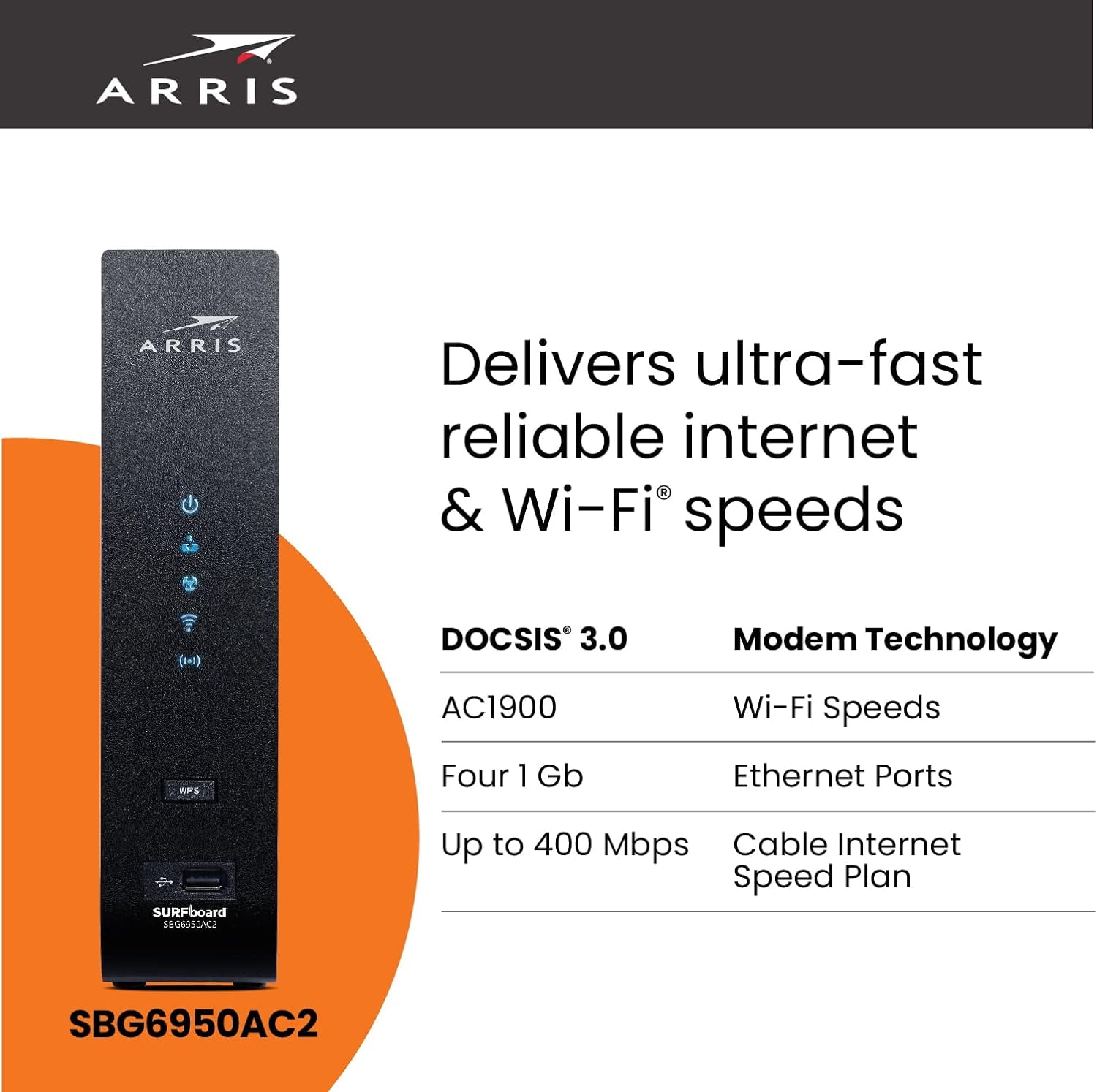 Restored ARRIS SURFboard (24x8) DOCSIS 3.0 Cable Modem / AC2350 Dual-Band WiFi Router (SBG7400AC2) (Refurbished)