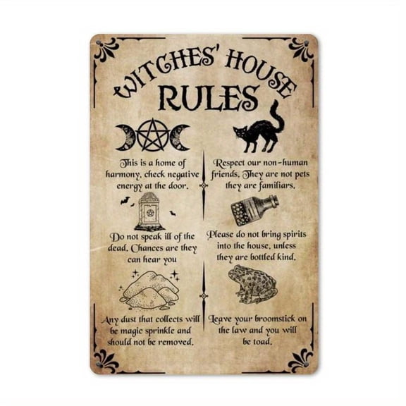 Vintage Witches' House Rules Iron Wall Art Sign, 8x12 Inches Rustic Rectangle, Funny Witch Design, Perfect for Halloween, Home, Kitchen, Cafe, Bar, Indoor Outdoor Use