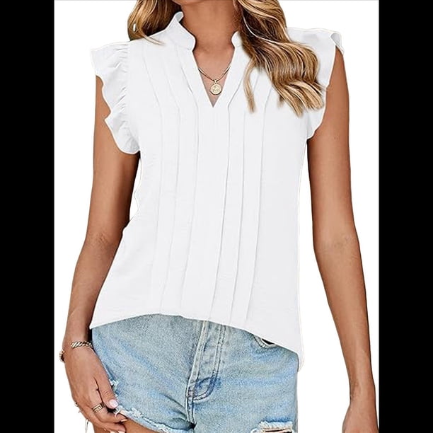 Blusas de para Mujer, Elegantes, Informales, con Mangas con Volantes, Cuello en V, Plisadas, para Negocios, de Verano XL