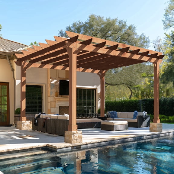 VEIKOUS 12' x 14' Cedar Wood Pergola W/ Flat Roof and Ground Stakes for Outdoor Patio, Garden, Deck