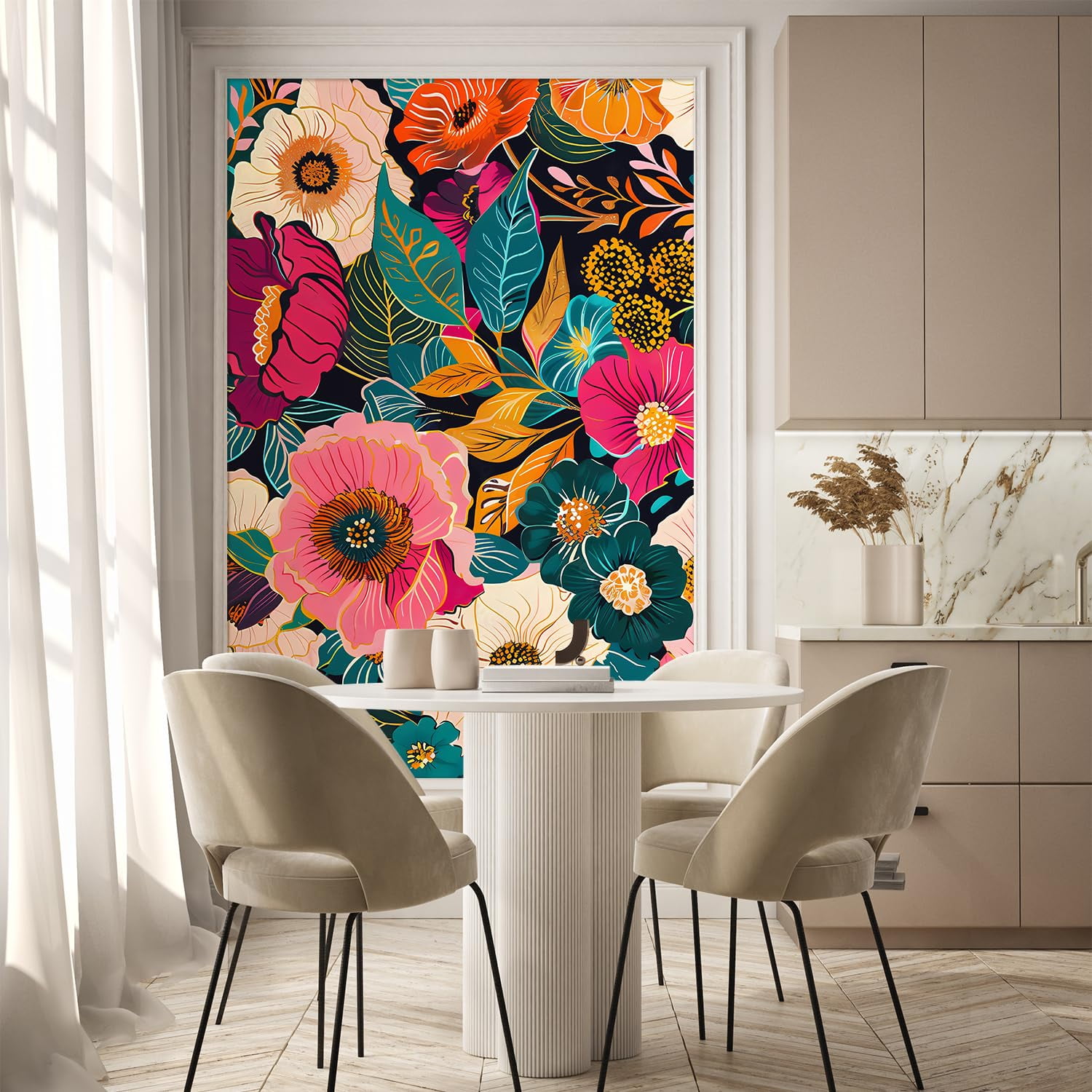 Idea4wall 2pcs Vibrant Floral Explosion Bold and Colorful Forest Flower Wall Murals, Not Peel and Stick, Non-Woven Wallpaper Large Wall Decoration for Rooms, 48"x132"