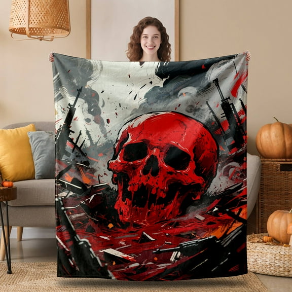 Red Skull Blanket,Gothic Horror Throw Blankets,Gifts for Women Men Boys, Lightweight Soft Flannel Cozy, for Sofa Couch Bed Room Travel,Goth Festival Halloween Decor,50x60in