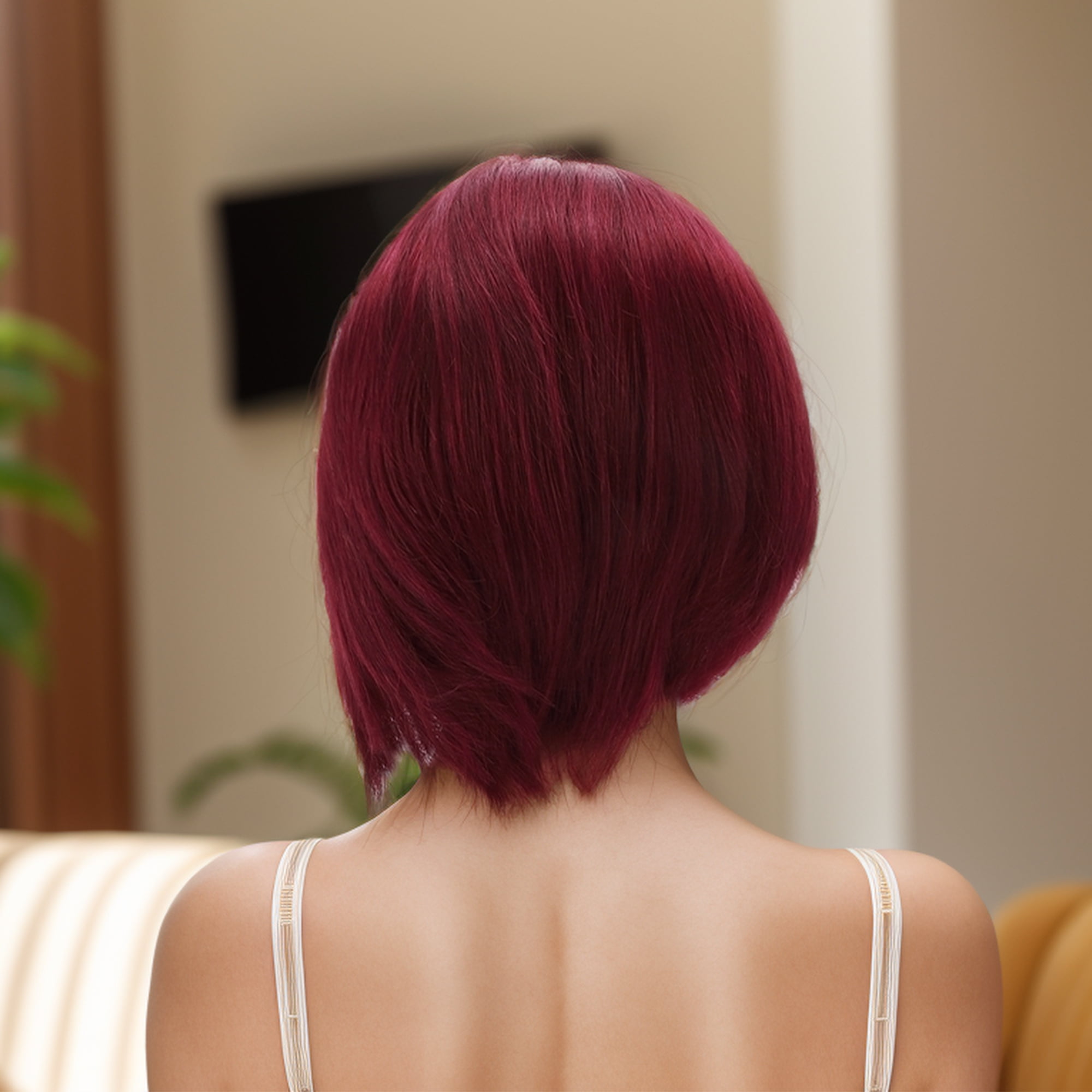 Unique Bargains 1 Pc Straight Short Hair Hair Wig Real Human Hair 6in 13x4x1in 150 Human Wig Red for Women