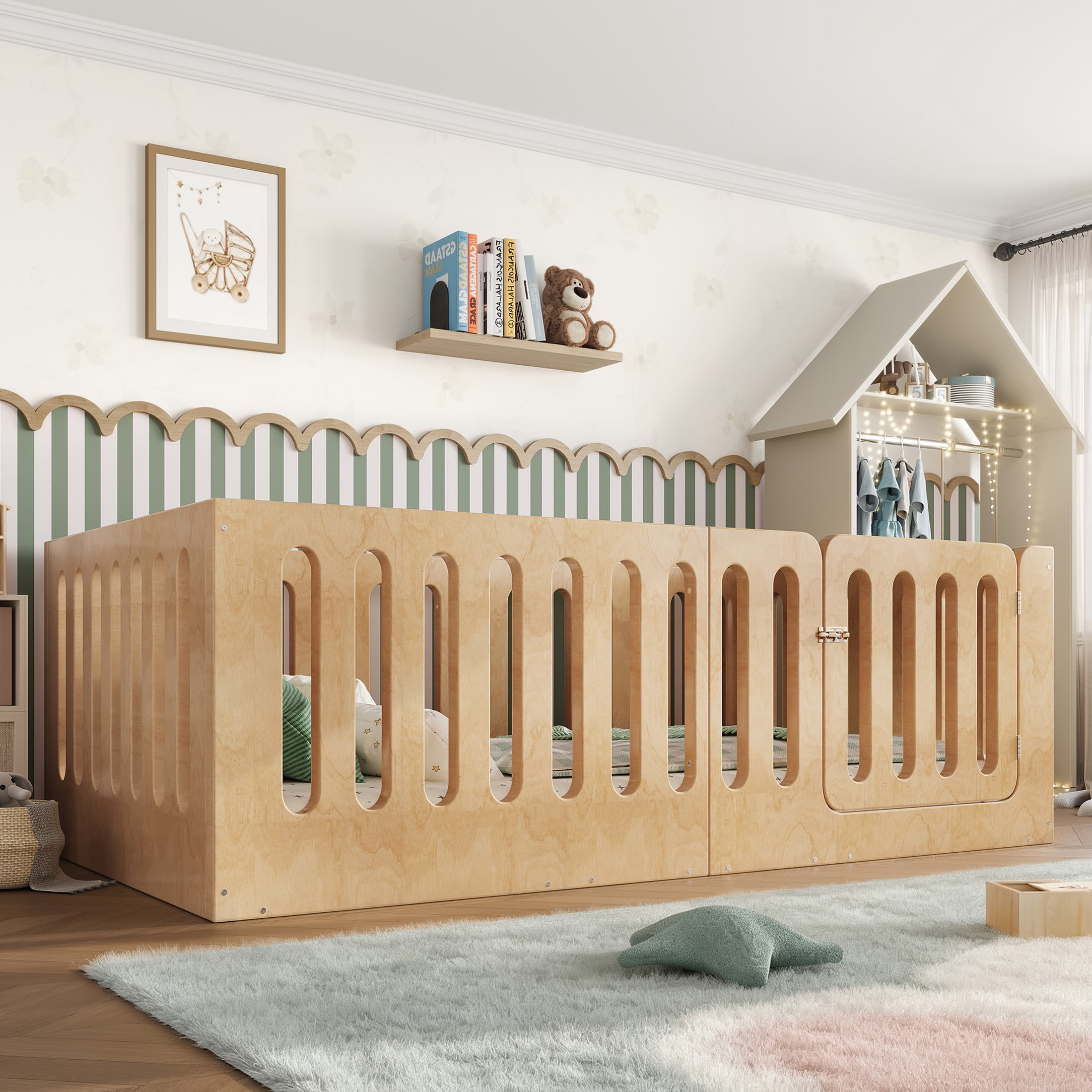 GDF Studio Twin Size Montessori Floor Bed with High Guardrails & Door, Low-Profile Design, Natural