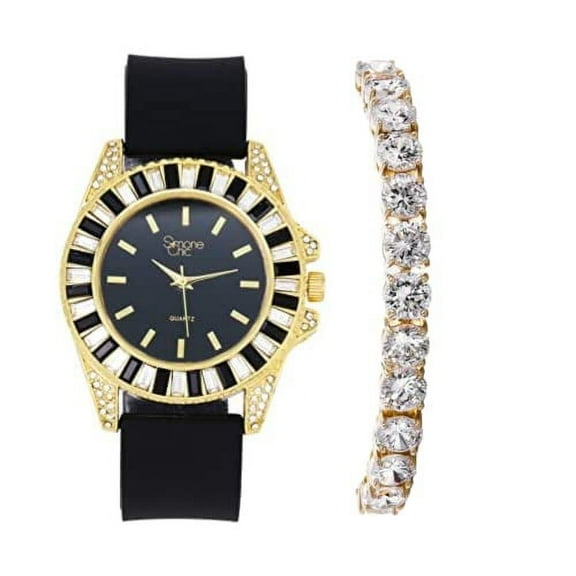 Women's Baguette Cut Iced Out Diamond Watch - Drop it Down with This Bling'ed Out Crystal Tennis Bracelet on Your Wrist Ladies! - ST10372MLA-TB (ST10372SLA Rubber Gold Blk/Blk- TB)