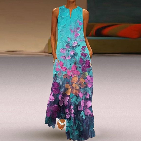 Summer women's sleeveless V-neck printed sexy long dress
