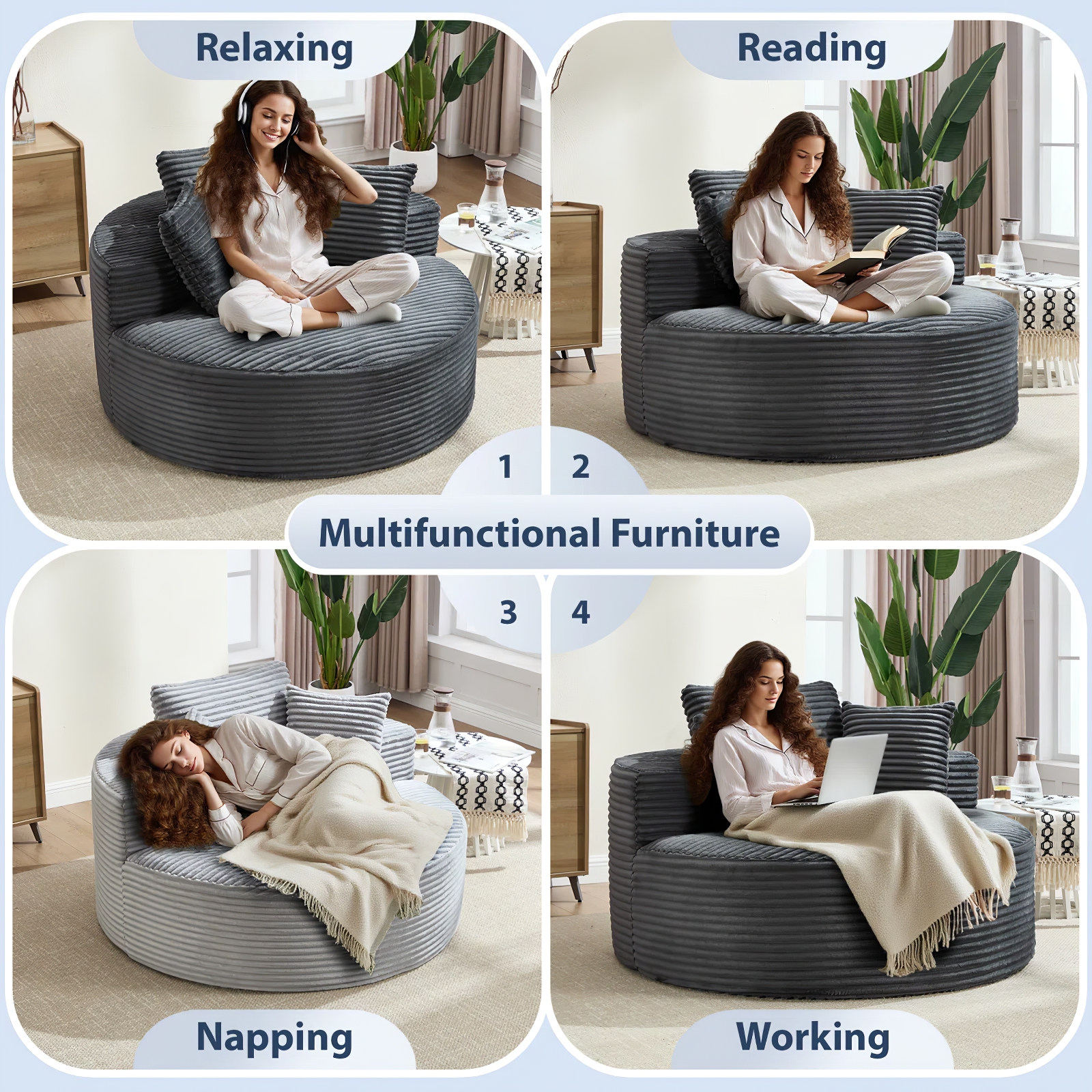 Aukfa Oversized Round Chaise Longue Chair Indoor, 56-inch Upholstered Corduroy Deep Seat Circle Cloud Sofa Chair, Dark Gray