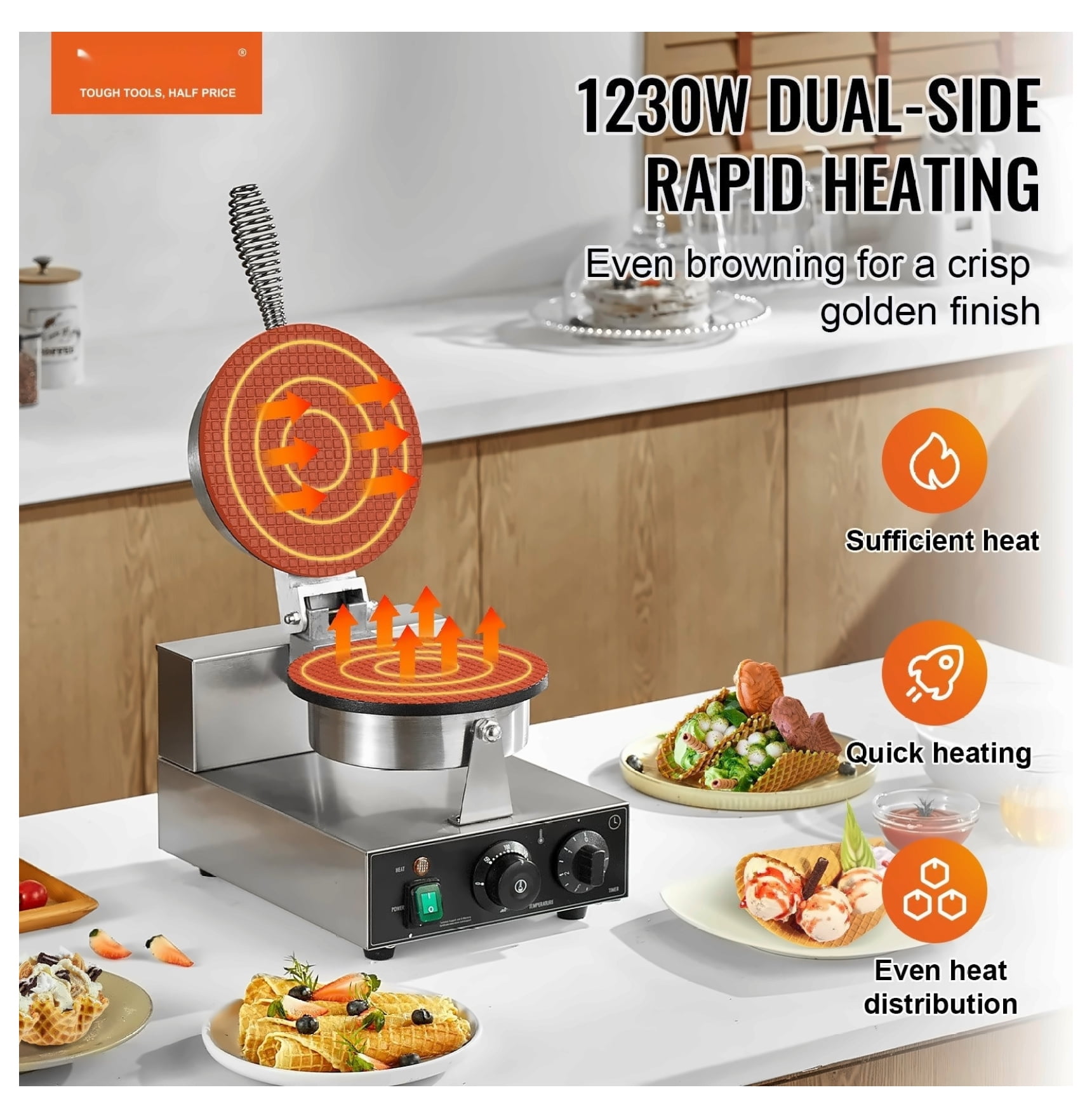 Commercial Waffle Cone Maker 1230W, Electric Ice Cream Cone Machine, Egg Roll Maker for Home & Business, Stainless Steel, Adjustable Temperature, Non-Stick