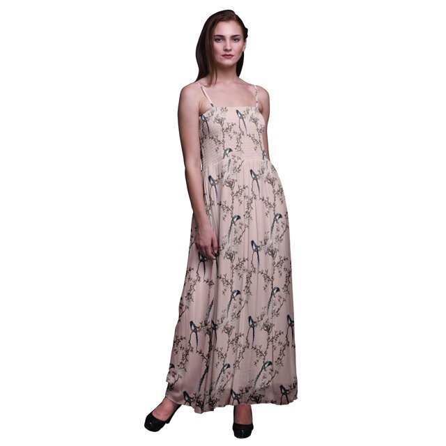 Bimba Robe à Bretelles Smockée en Georgette pour Femmes à Imprimé d'Oiseaux Blossom & Paradise Whydah - Grand