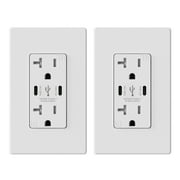 30-Watt 20 Amp Dual Type C USB Wall charger with Duplex Tamper Resistant Outlet,Wall Plate Included,White (2-Pack)