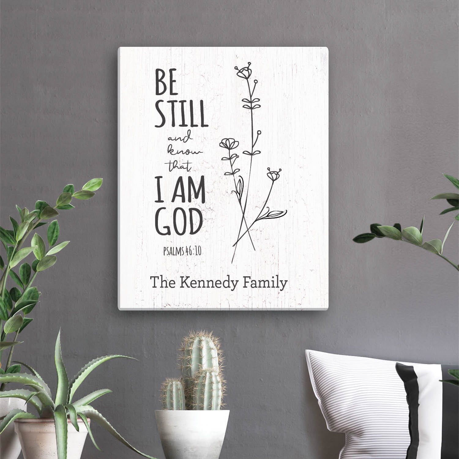 Personalized Planet Be Still and Know That I Am God PSALMS 46:10 Spiritual Canvas Wall Art Print on Wood Frame with Custom Name - Ready to Hang in Kitchen Office Family or Living Room, 11x14