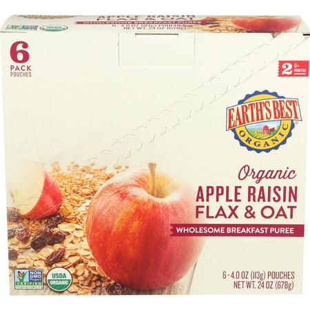 Photo 1 of (6 Pack) Earth's Best Organic Stage 2 Baby Food, Apple Raisin Flax & Oat Breakfast Puree, 4 oz Pouch