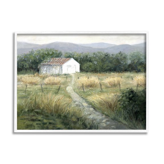 Stupell Industries Traditional White Cottage Path Landscape Painting White Framed Art Print Wall Art, 20 x 16