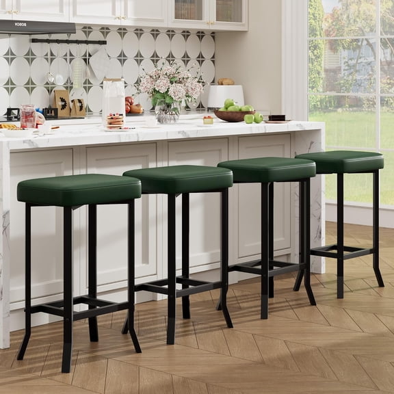 Counter Height Bar Stools Set of 4, 24" Upholstered PU Leather Bar Stools with Footrest, Compact Counter Chairs with Metal Legs for Kitchen Island, Dining Room, Home Bar, Green