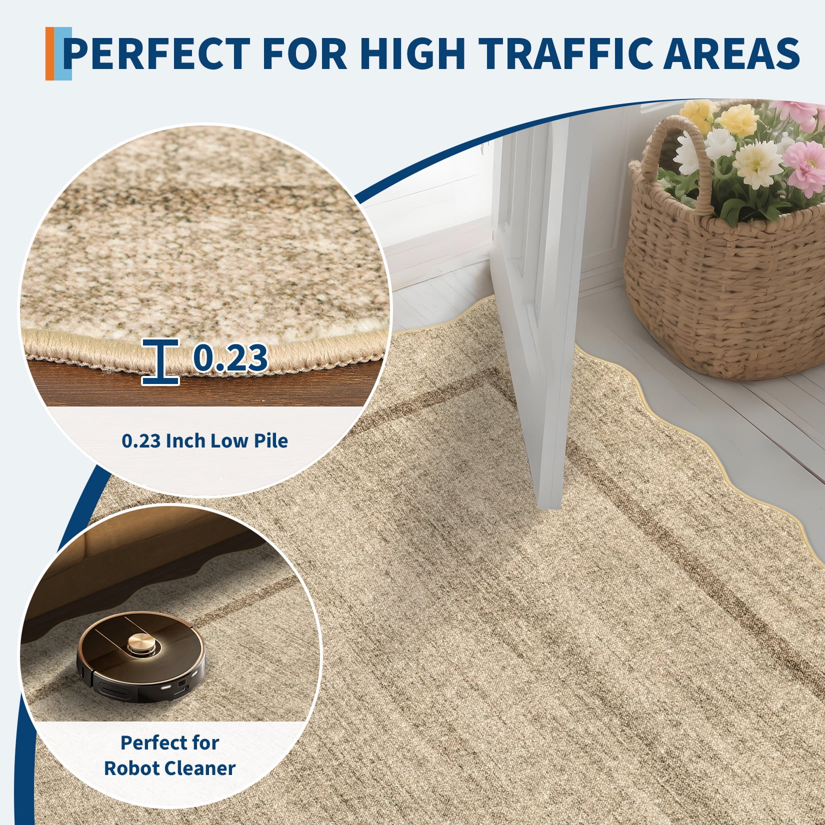 COZONY 5'x7' Washable Scalloped Rug, Non-Slip Low Pile Bedroom Area Rug, Stain-Resistant Geometric Floor Mat for Living Room, Heather