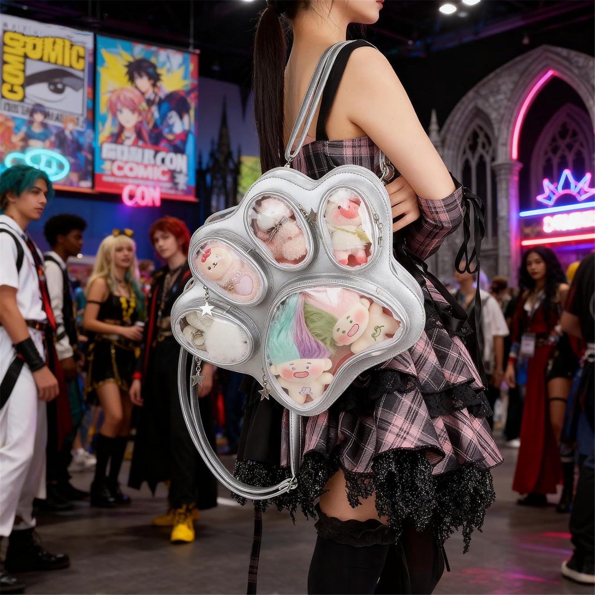 SQDWYGUO Cat Paw Ita Bag Kawaii Cute Backpack Ita Display Backpack with Clear Pocket Pretty Aesthetic Crossbody Shoulder Bag,Silver pink