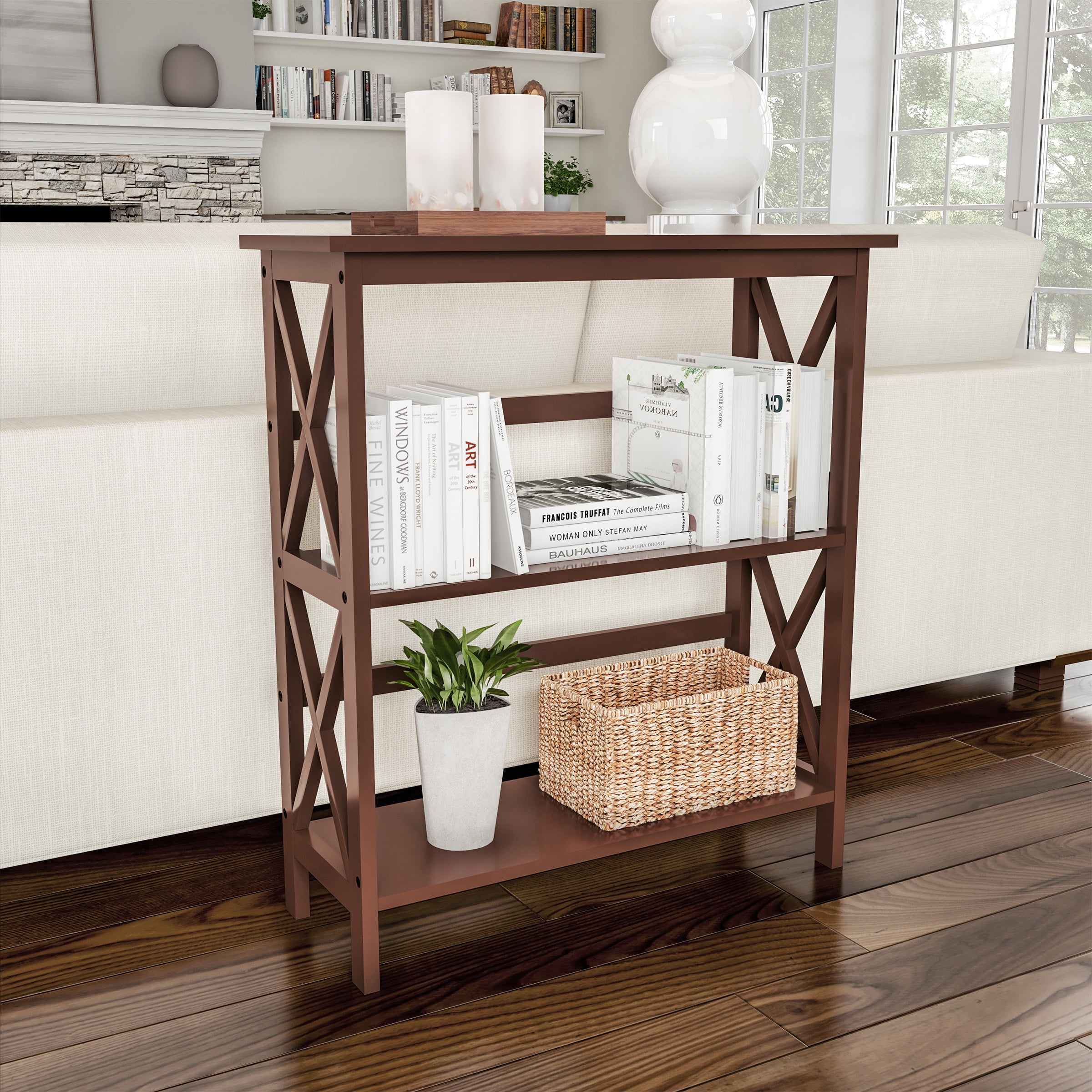 3Shelf Bookcase Open CrissCross Style Bookshelf, Wooden Shelving