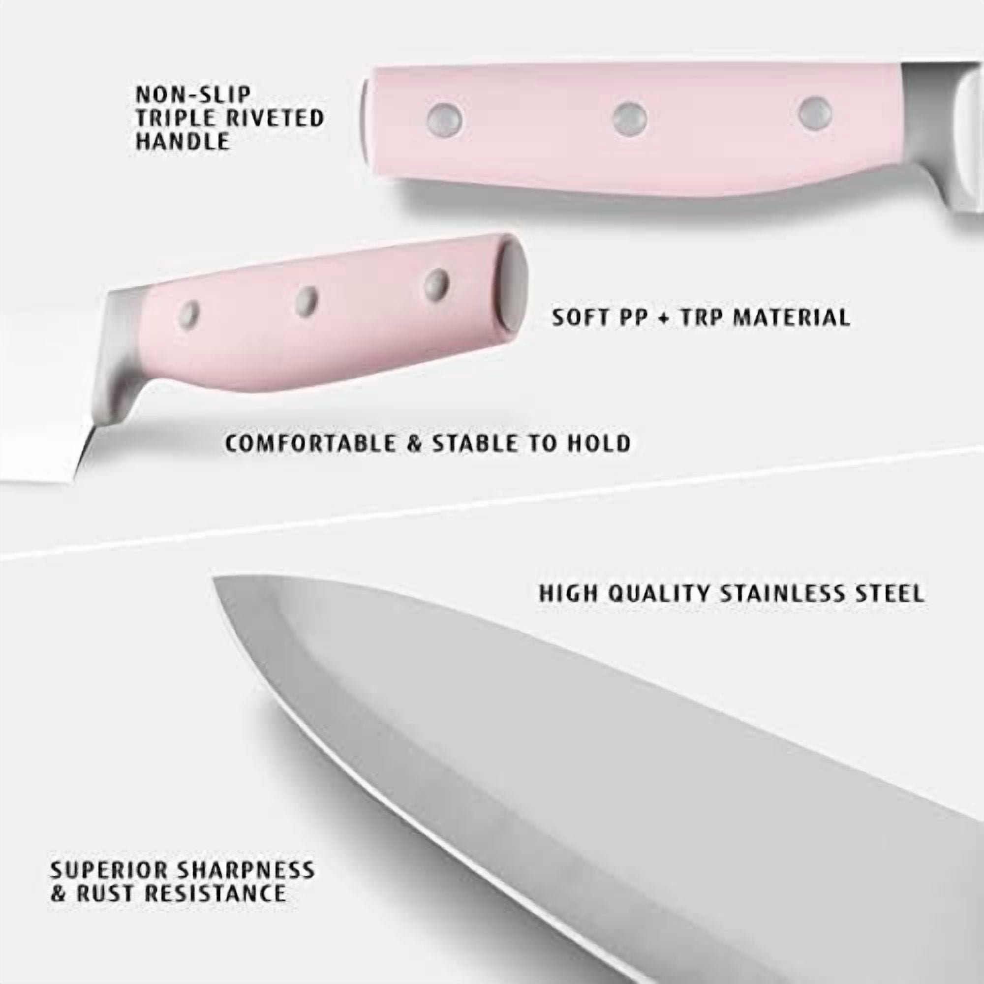 Kitchen Knife Block Set, 14 Pieces Knife Set with Wooden Block & Sharpener Steel & All-purpose Scissors, High Carbon Stainless Steel Cutlery Set (Pink)