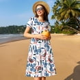 thumbnail image 4 of Picia Retro Butterfly Pattern Women's Short Sleeve Summer Dress Pleated Loose Swing Knee Length Short Sleeve Swing Dresses, 4 of 6