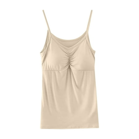 Zkozptok Womens Plus Size Camisole Top with Built in Padded Bra Spaghetti Strap Pleated Casual Vest Cami