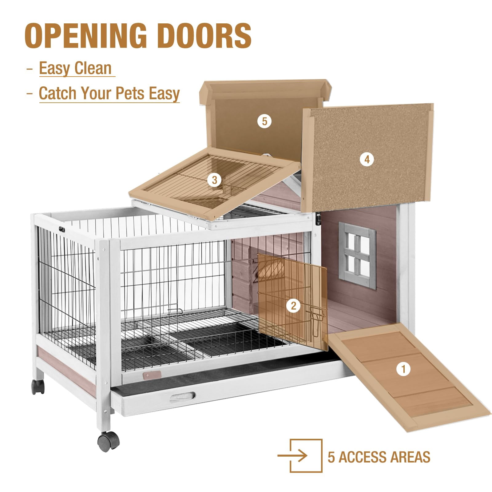 Aivituvin Rabbit Hutch with Wheels for Indoor Outdoor, Wooden Rabbit Cage with Removable Wire Netting & Leak Proof Tray, Mobile Bunny Cage, Brown
