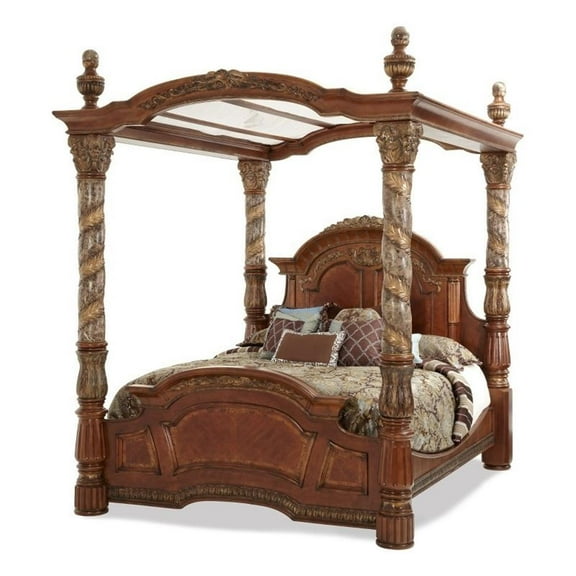 Michael Amini Villa Valencia Eastern King Wood Canopy Bed - Classic Chestnut