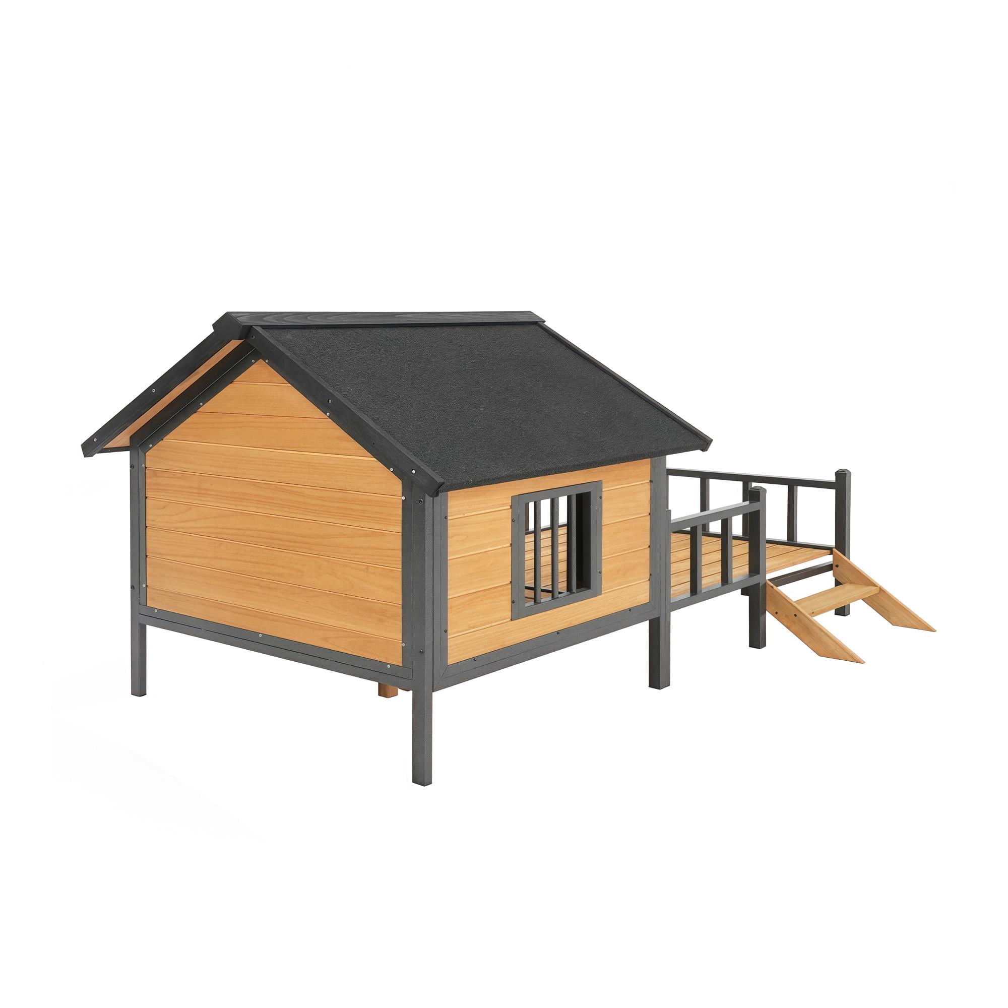 Pefilos 67" Wood Dog House for Medium Dogs, Outdoor and Indoor Cat Shelter, Weatherproof Pet Kennel with Porch, Beige