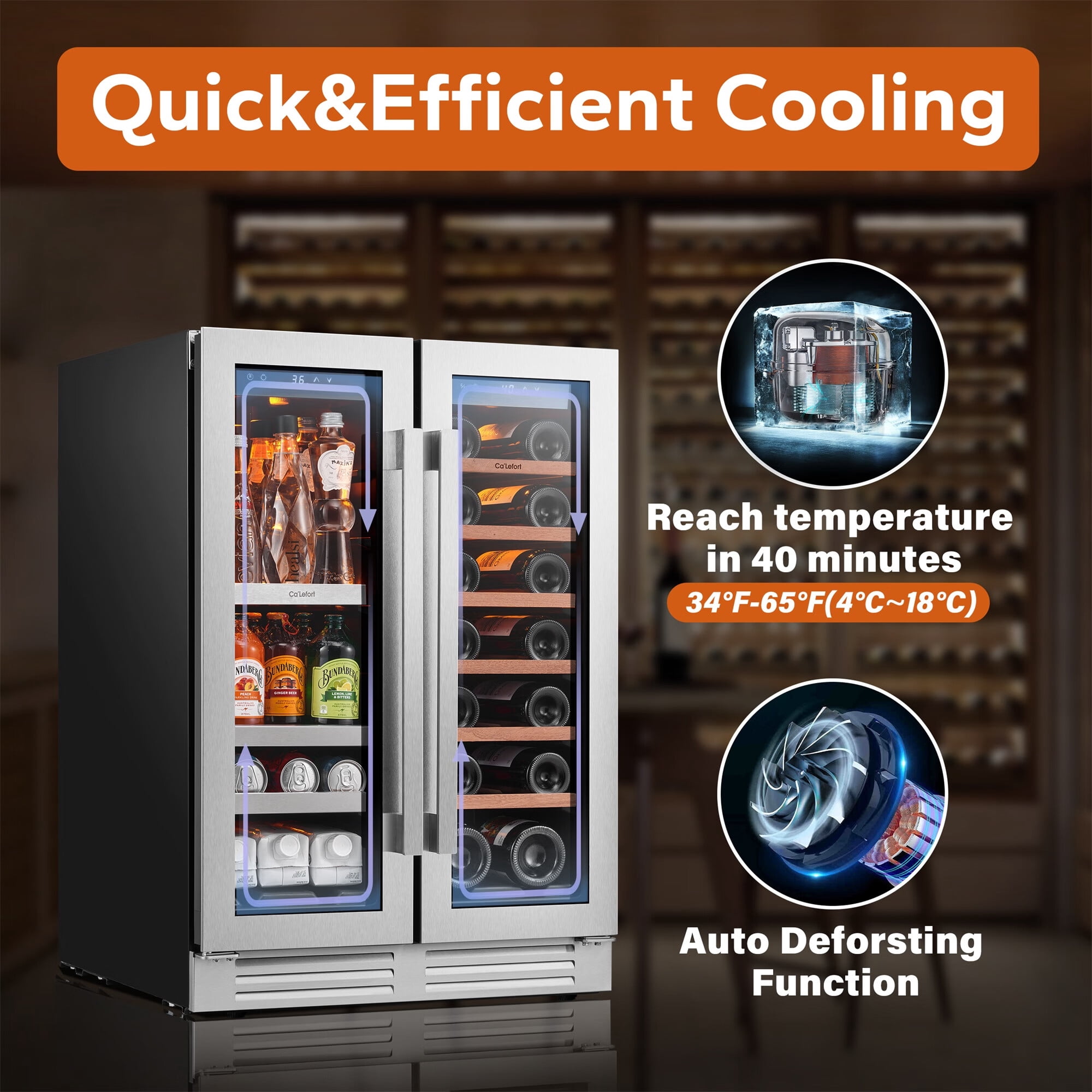 Ca'Lefort Wine Cooler Beverage Refrigerator, Hold 60 Cans and 48 Bottles Dual Zone Wine Fridge Freestanding & Built-in with Stainless Steel frame for Kitchen Office