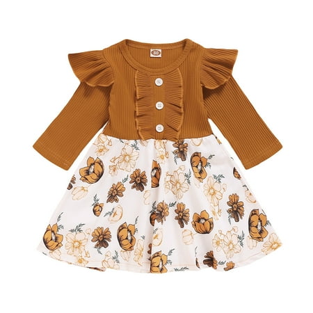 

Honeeladyy Winter Toddler Baby Girls Long Sleeve Ruffles Splice Floral Print Dress Clothes Brown Discount
