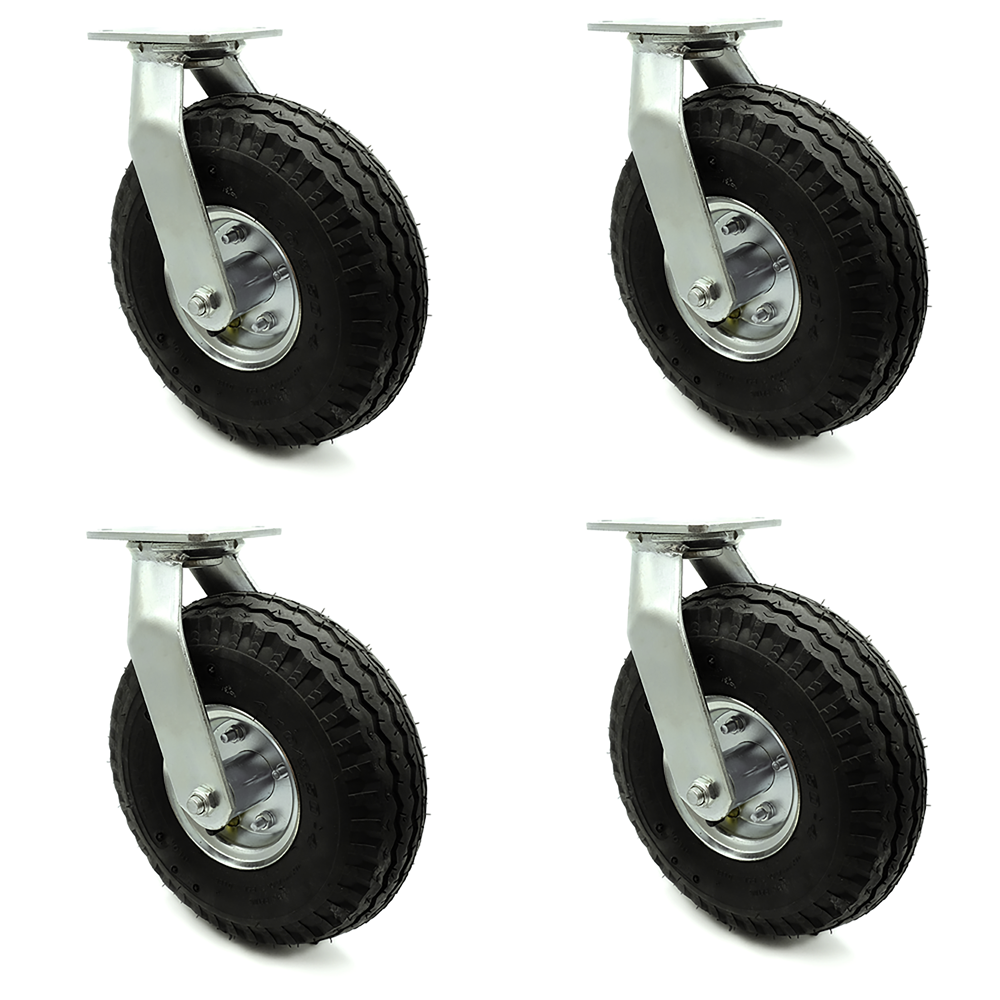 10" Pneumatic Swivel Caster Set of 4 Black Rubber Wheel 1,400 lbs