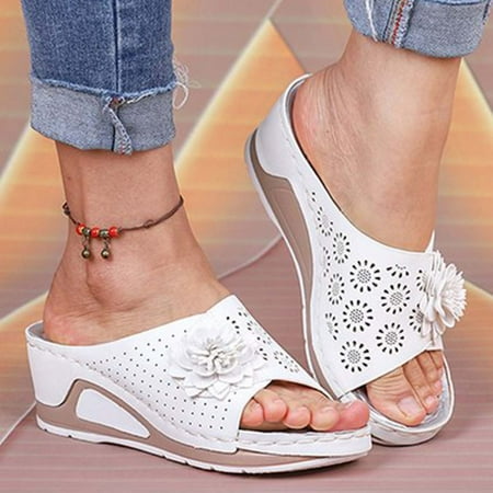 

Womens Casual Sandals non Slip- Beach Plus Size Orthopedic Middle Heel Fish Mouth Hollow Flower Casual Sandals White Size 4.5