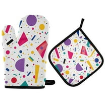 Yayeee Oven Mitts and Pot Holder Set of 2 Heat Resistant Kitchen Gloves Baking Hot Pad, Retro Round