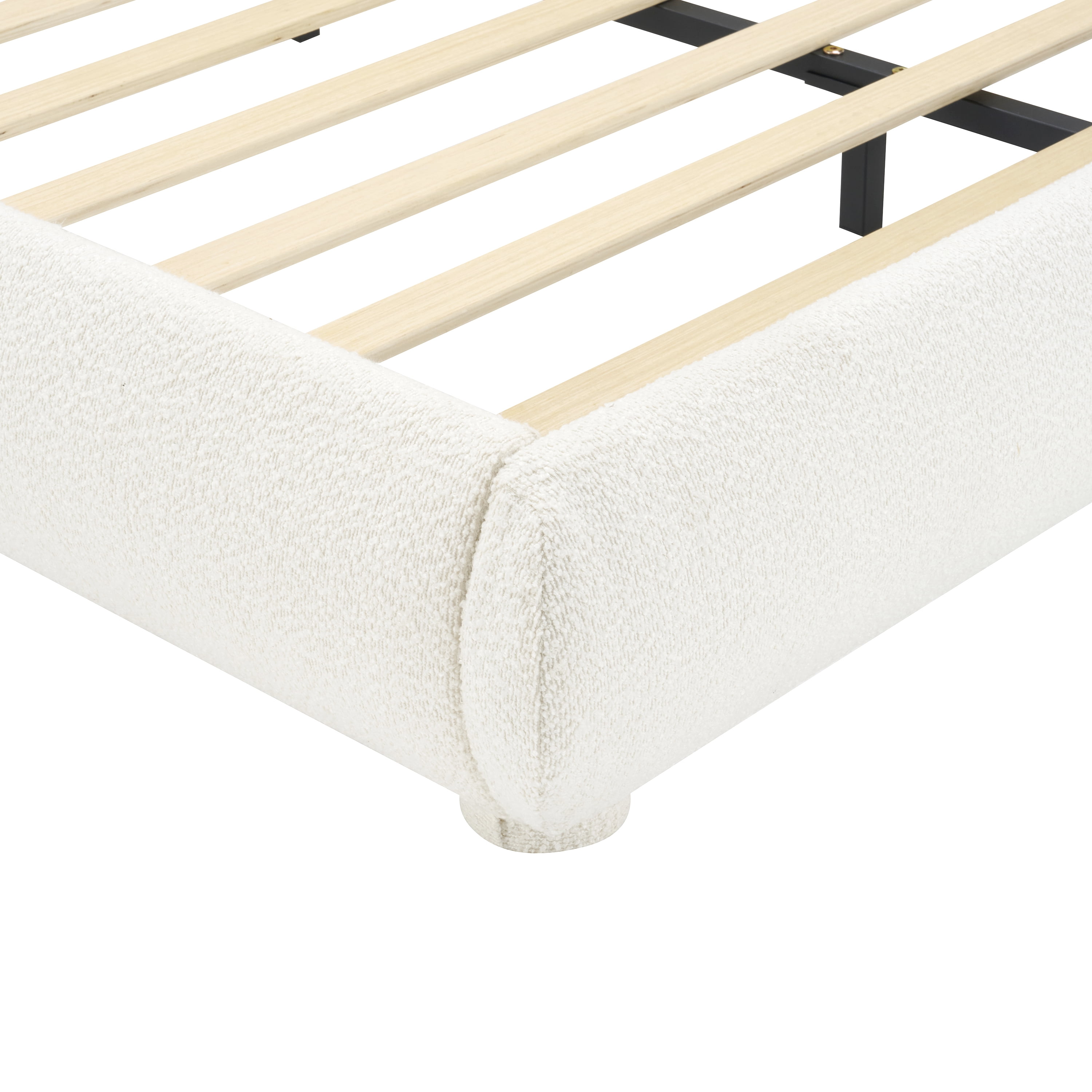 Noble House Queen Cream Style Upholstered Bed,Curved Textured Fabric Headboard with Solid Frame,Creamy White